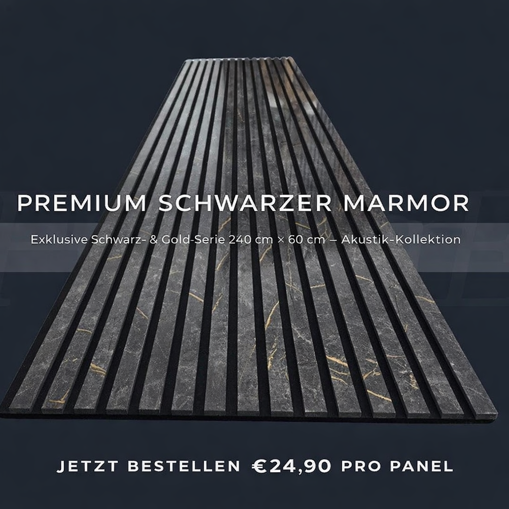 Akustik-Lamellenwandpaneel, Schwarz-Gold-Marmor (240cm X 60cm)